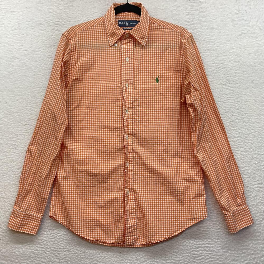 Ralph Lauren Shirt Mens Large Orange Gingham Vintage Custom Fit Button Down Pony